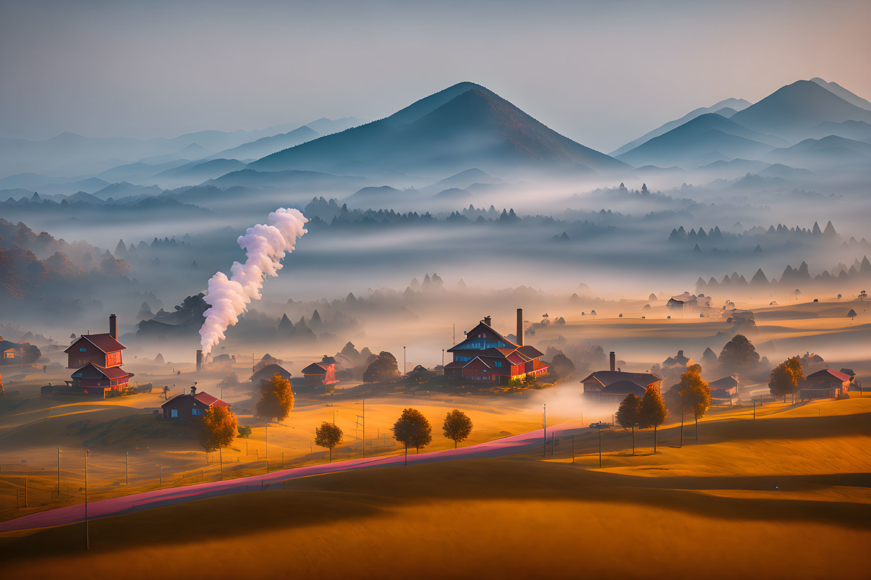 Scenic sunrise landscape with mist, factory chimney, and mountain ridges