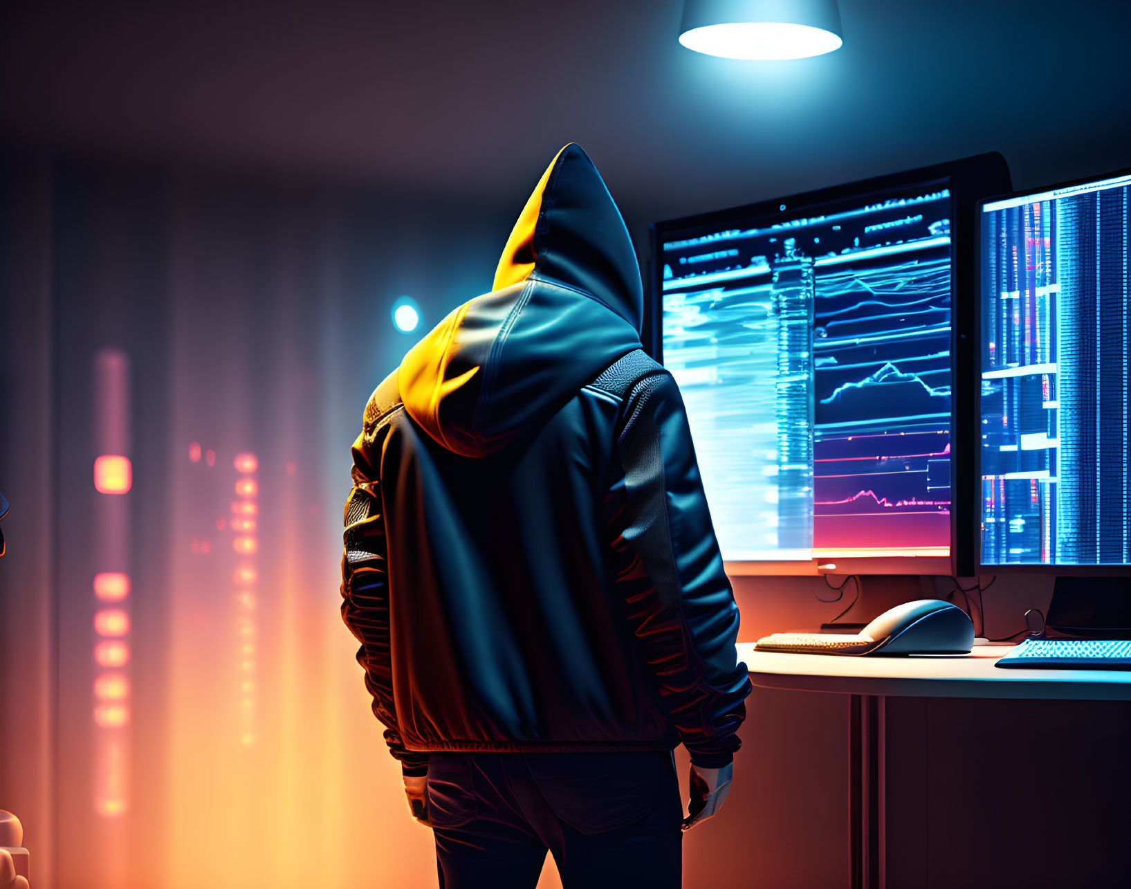 Hooded figure surrounded by computer monitors and data graphs in dimly lit room