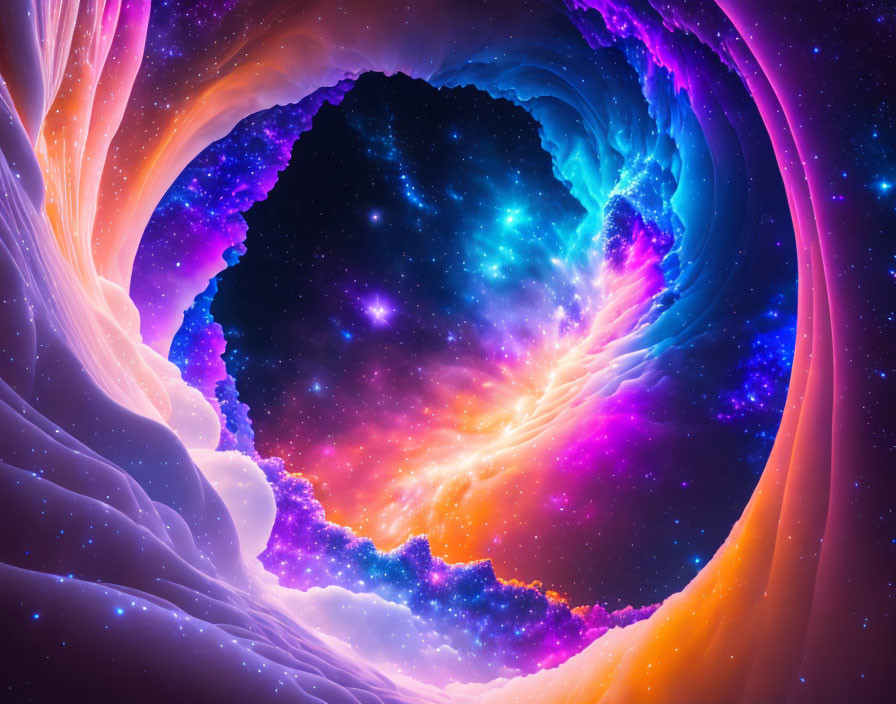 Colorful cosmic digital artwork with swirling blues, purples, and oranges.