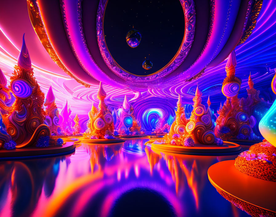 Surrealist landscape with swirling patterns and floating orbs on glossy surface