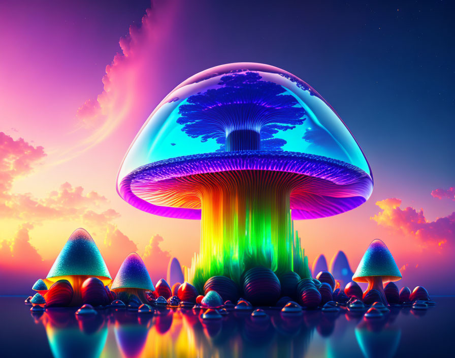 Colorful Digital Artwork of Neon Mushroom in Twilight Sky