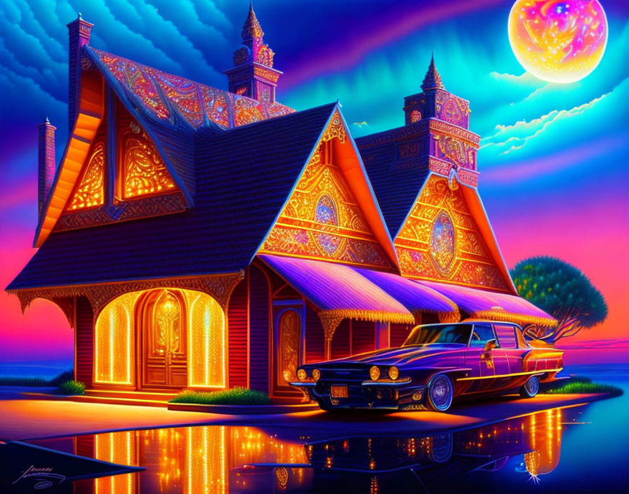 Neon-lit artwork of Victorian house & classic car under surreal sky