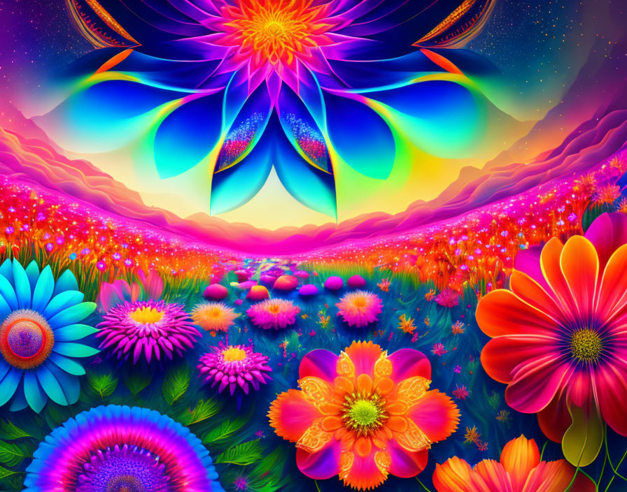 Colorful Psychedelic Landscape with Neon Sky and Glowing Mandala