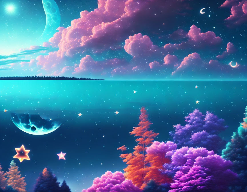 Colorful Fantasy Landscape with Starry Sky & Turquoise Atmosphere