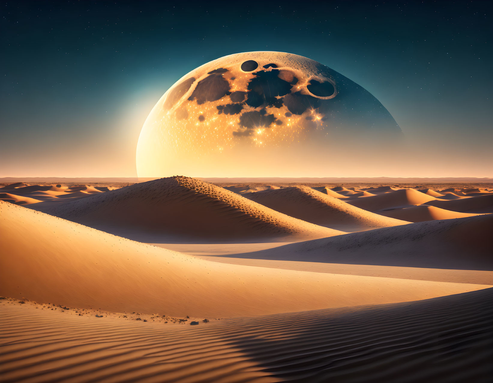 Detailed Surreal Desert Landscape with Rising Moon