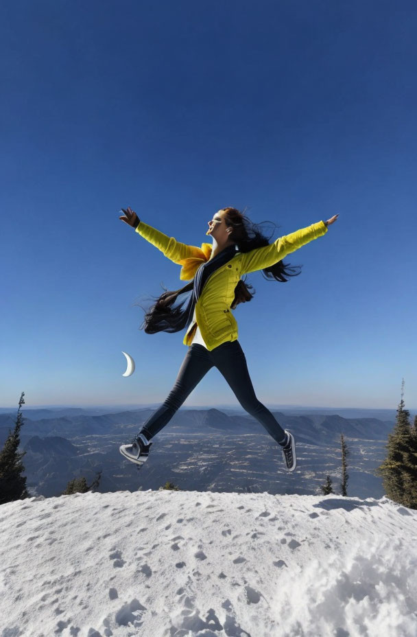 Person in Yellow Jacket Jumping Over Snowy Mountain Landscape with Crescent Moon