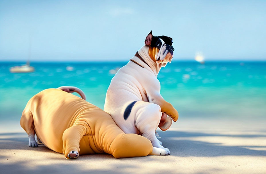 Inflatable dog and real bulldog on beach facing ocean