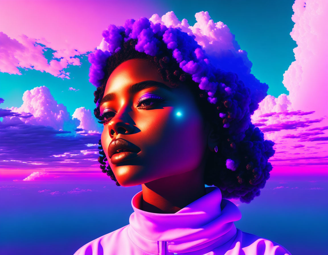 Portrait of woman with afro hair in vibrant sunset sky