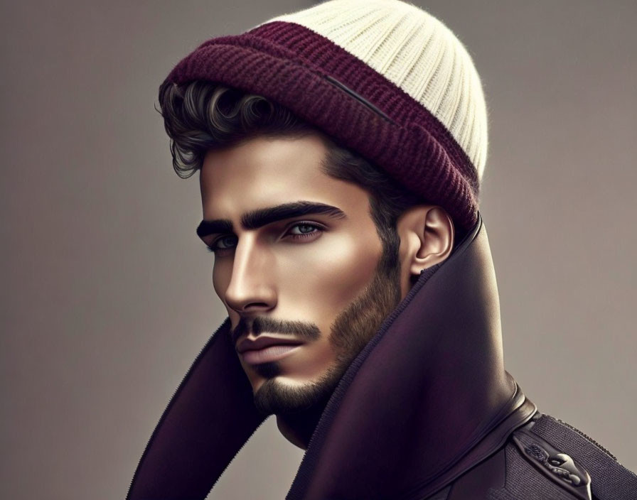 Stylish man with beard in two-toned beanie and leather jacket