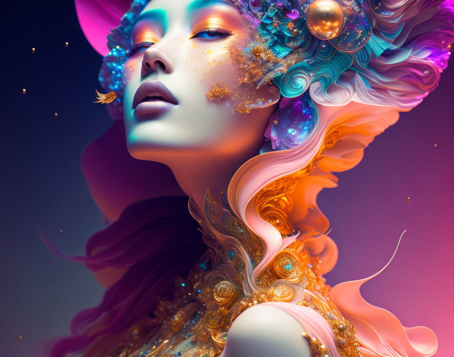 Colorful surreal portrait of woman with ornate headdress and swirling patterns