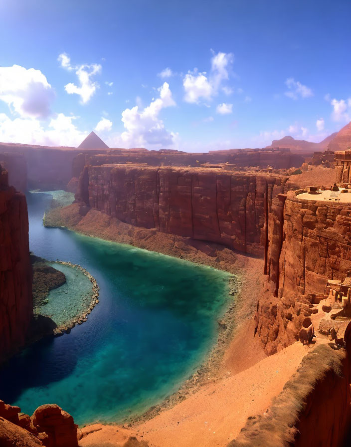 Sinuous river through red cliffs under blue sky with pyramid mountain