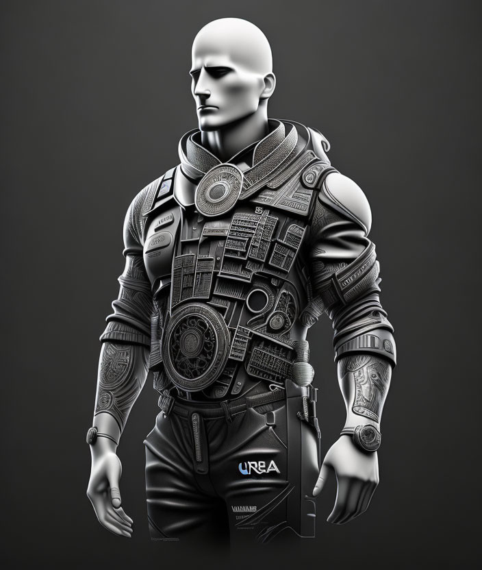 Monochromatic futuristic mannequin with high-tech armor