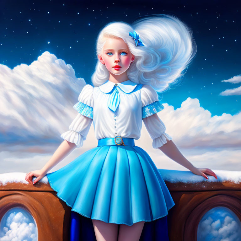 Illustrated Girl with White Hair and Blue Dress in Dreamy Sky Scene