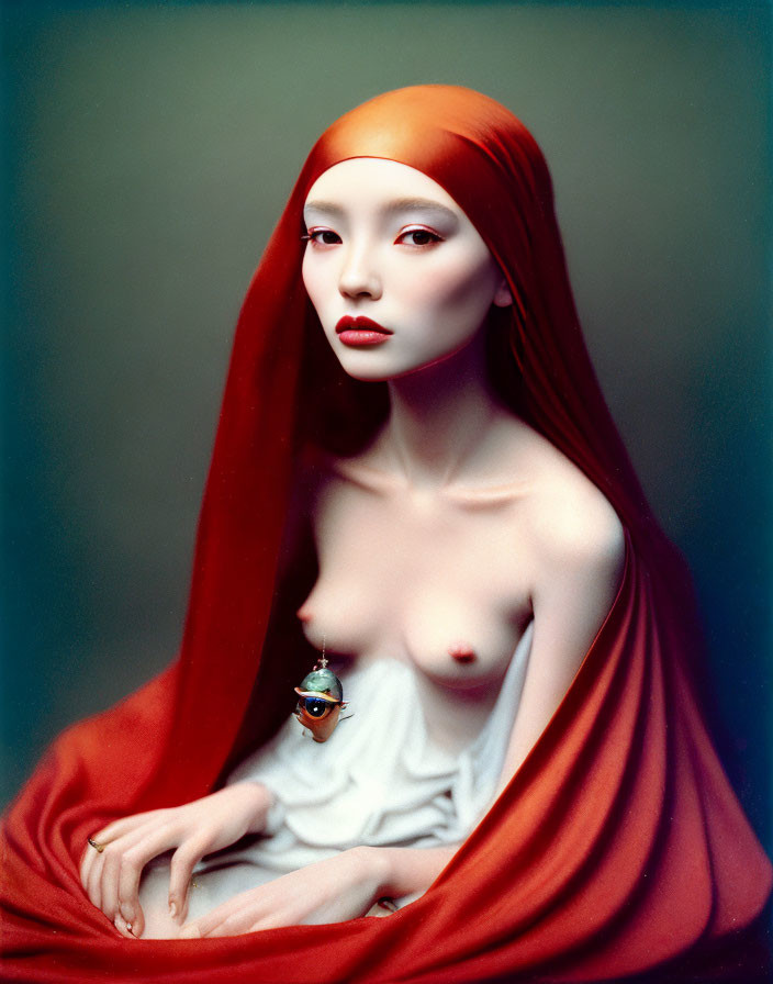 Ethereal portrait of woman in red shawl and bold lipstick