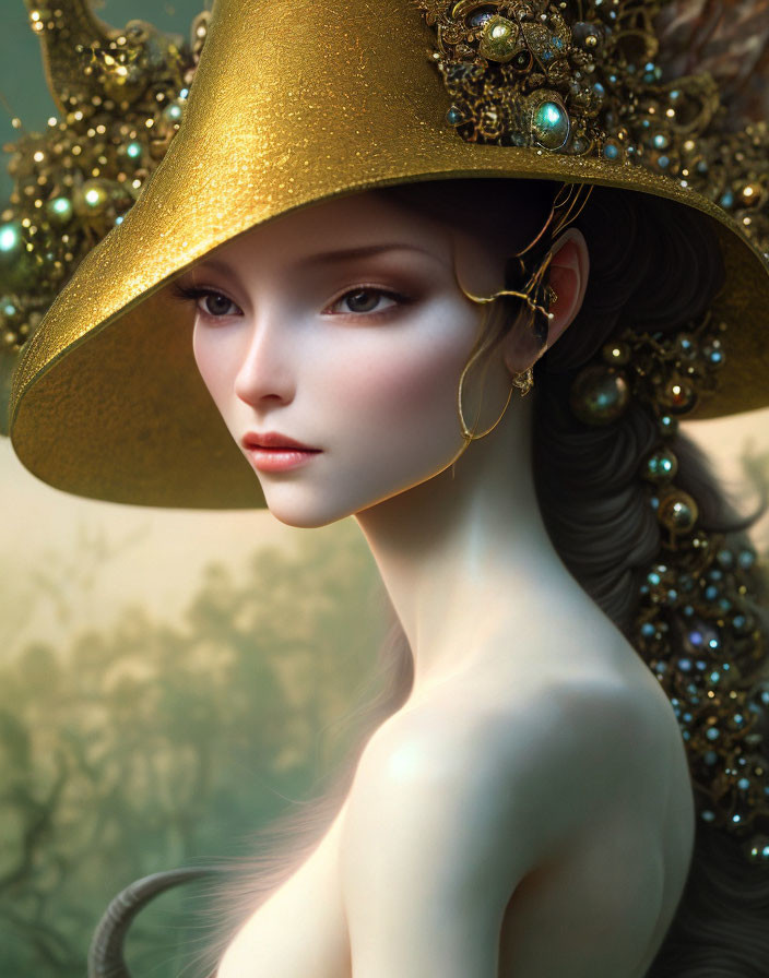 Porcelain-skinned woman in wide-brimmed golden hat with pearls and greenery