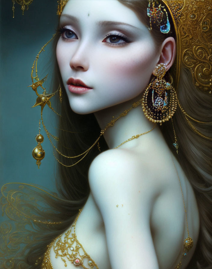 Digital Art Portrait: Woman with Golden Jewelry & Whimsical Aura