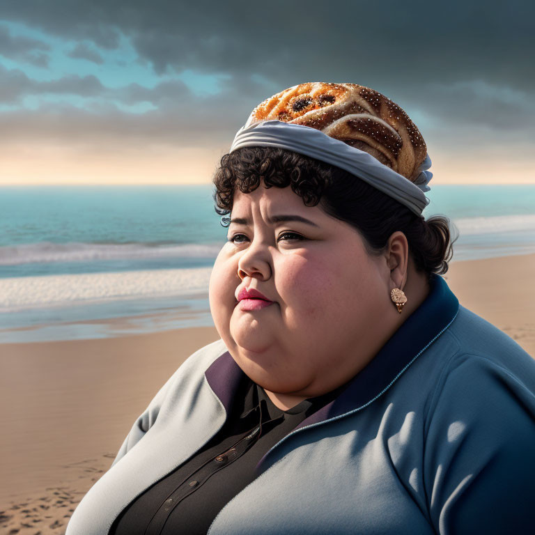 Person with bun hairstyle in captain's hat on beach under cloudy sky