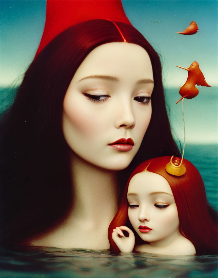 Surreal portrait featuring two dolls with sea and flying fish