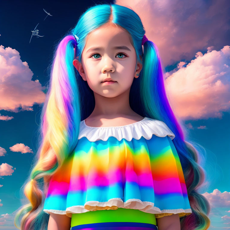 Colorful girl in rainbow attire under cloudy sky with distant plane.