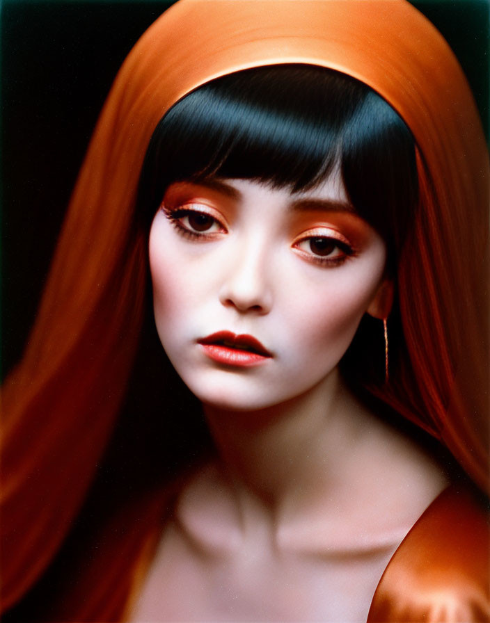 Woman with sharp fringe and red makeup in orange veil gazes at camera