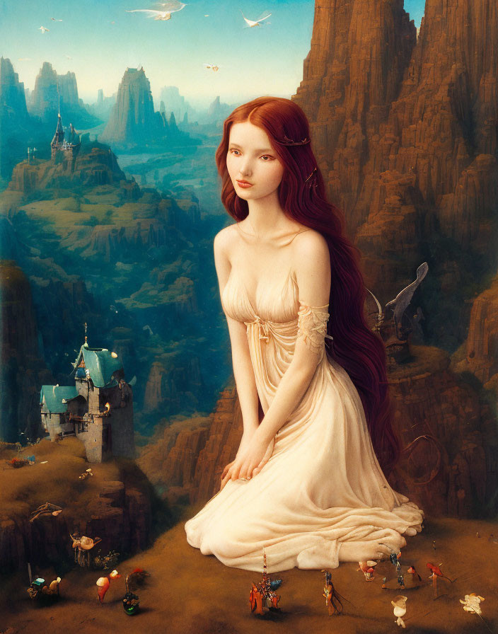 Red-haired woman in fantasy landscape with rock formations and castle.