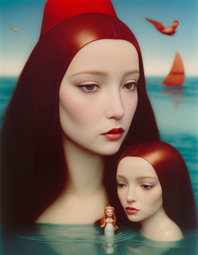 Surrealist image of two women's heads in water with sailboats