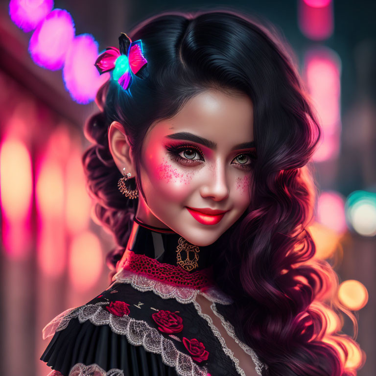 Radiant woman with red makeup and butterfly clip in dark hair on bokeh background