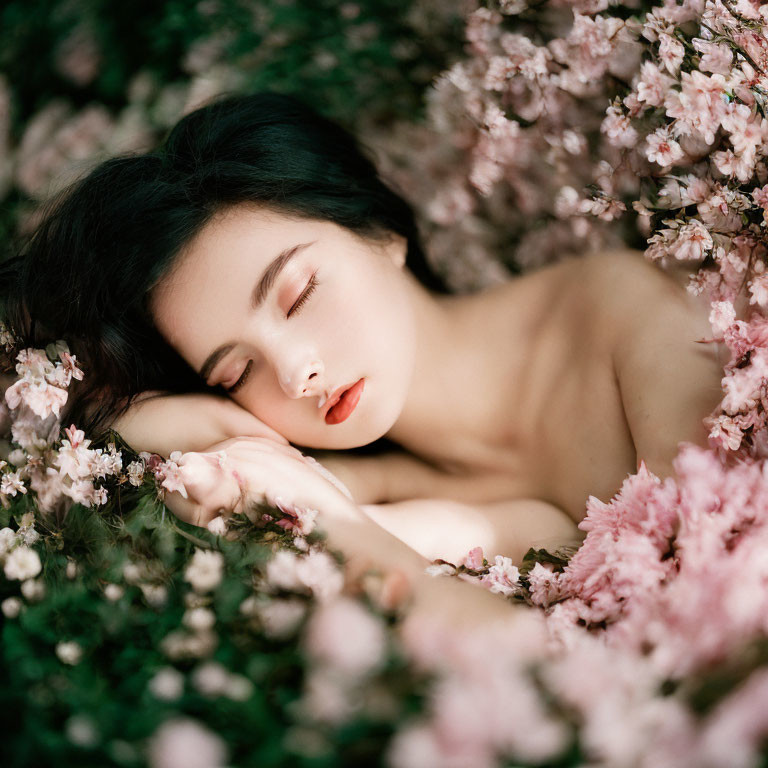 Woman surrounded by pink blossoms, eyes closed, dark hair spread out