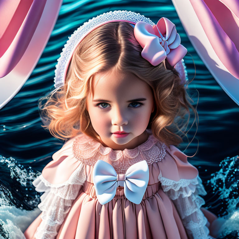 Curly-Haired Doll-Like Girl in Pink Dress by Fantasy Water Scene