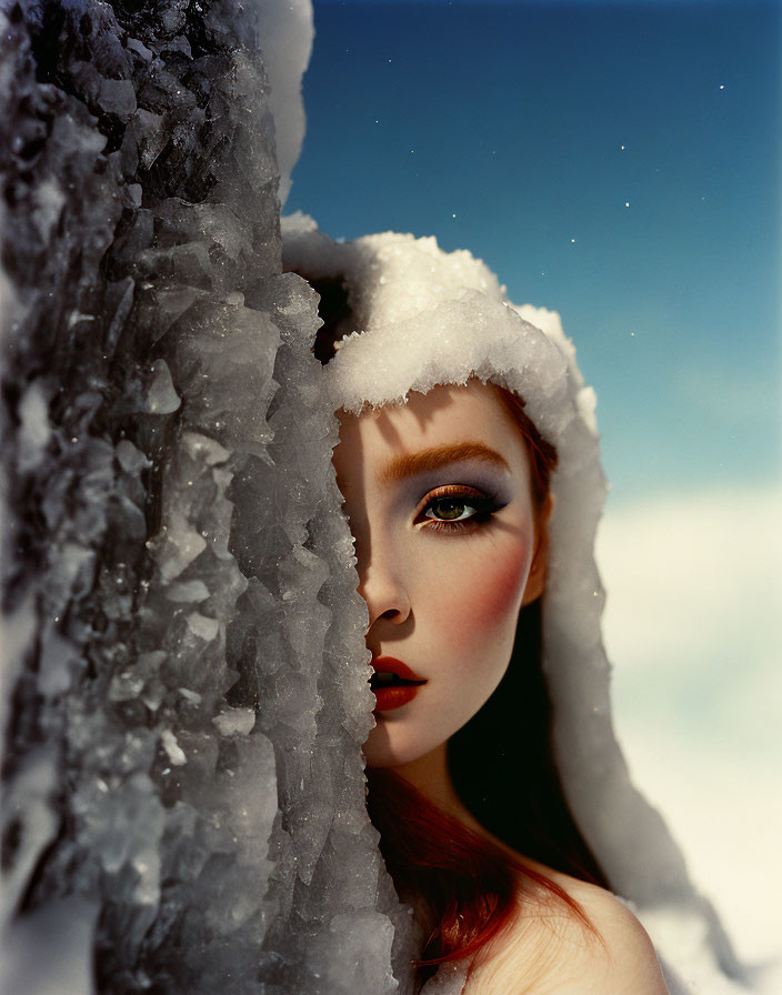 Woman with striking makeup hidden by icy formation under clear blue sky