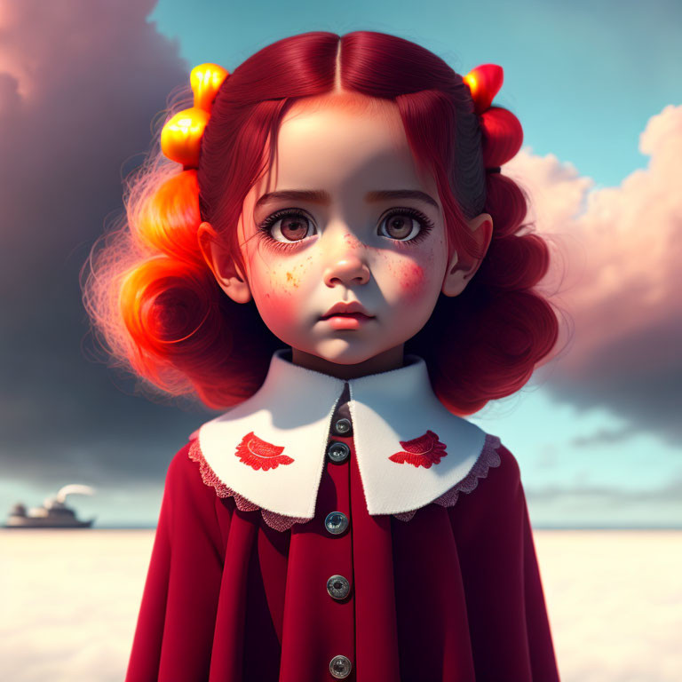 Digital artwork: Young girl with red hair in vintage red dress under cloudy sky