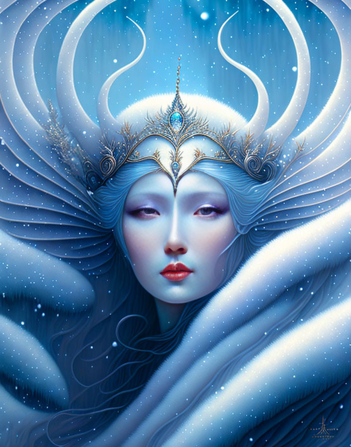 Pale-skinned female figure in silver headdress and blue robes on starry backdrop