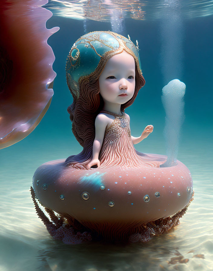 Child-like figure on fantastical jellyfish with pearl embellishments underwater