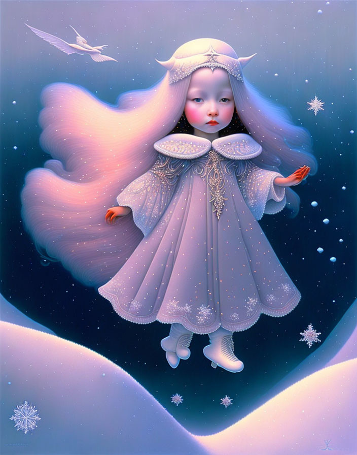 Fantasy illustration of young girl in detailed robe on snowy landscape