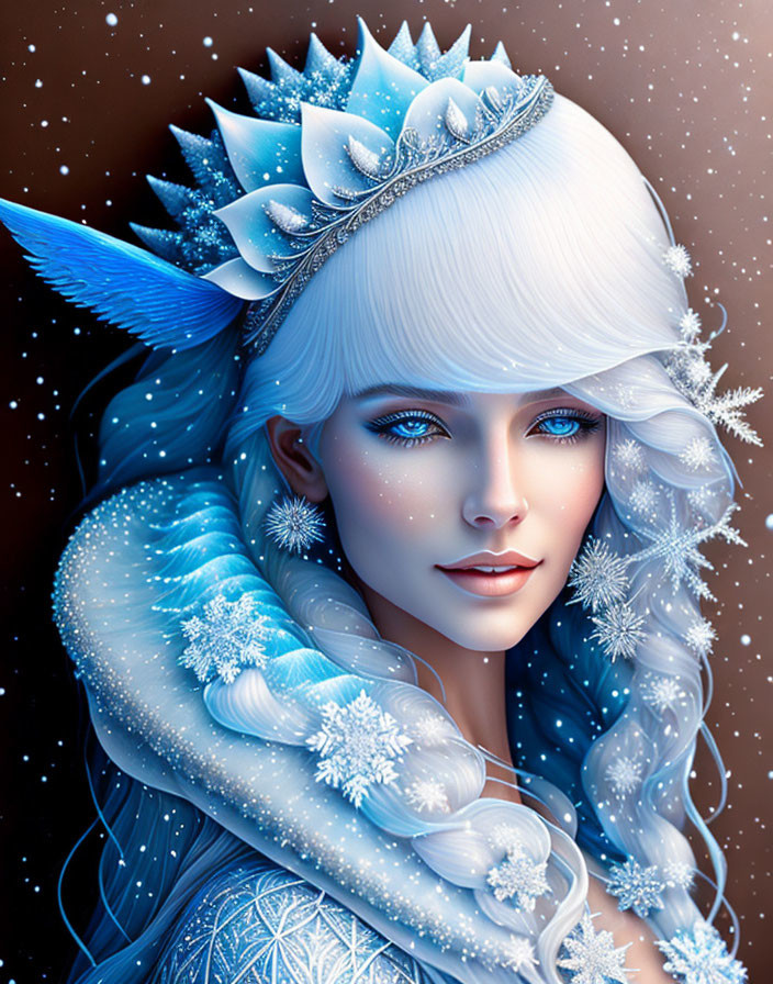 Illustrated female figure with blue hair and icy crown in winter theme