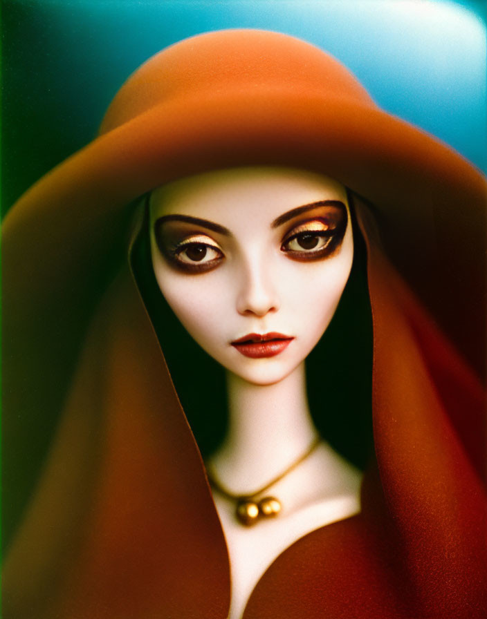 Stylized doll portrait with large eyes in red cape and pearl necklace