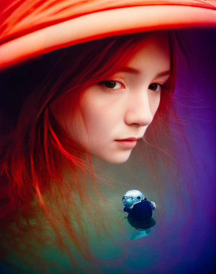 Contemplative woman in orange hat under red and blue lighting