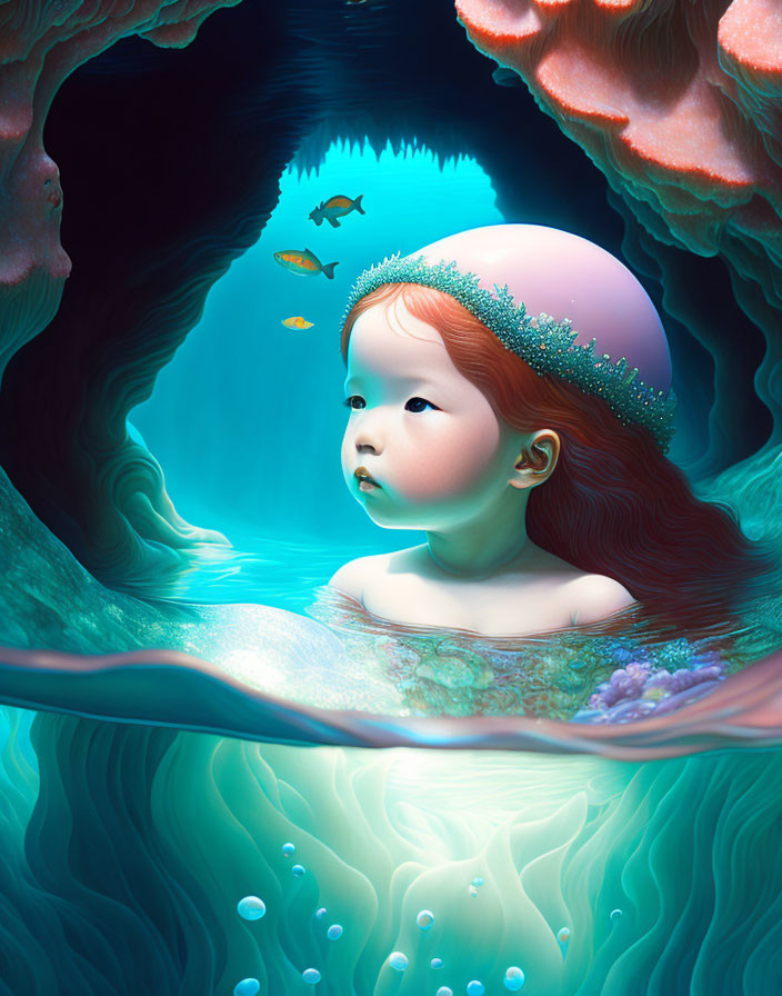 Red-haired girl with pearl crown in underwater scene with coral, fish, and bioluminescent creatures