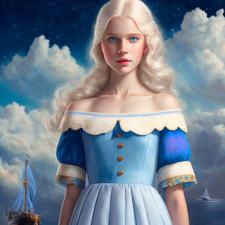 Dreamy woman with blonde hair in historical dress against sky and ships.