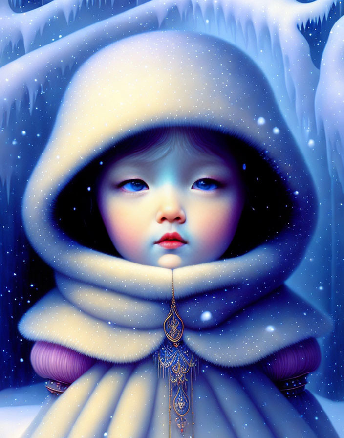 Child in warm hooded cloak gazes at falling snow in icy blue winter scene