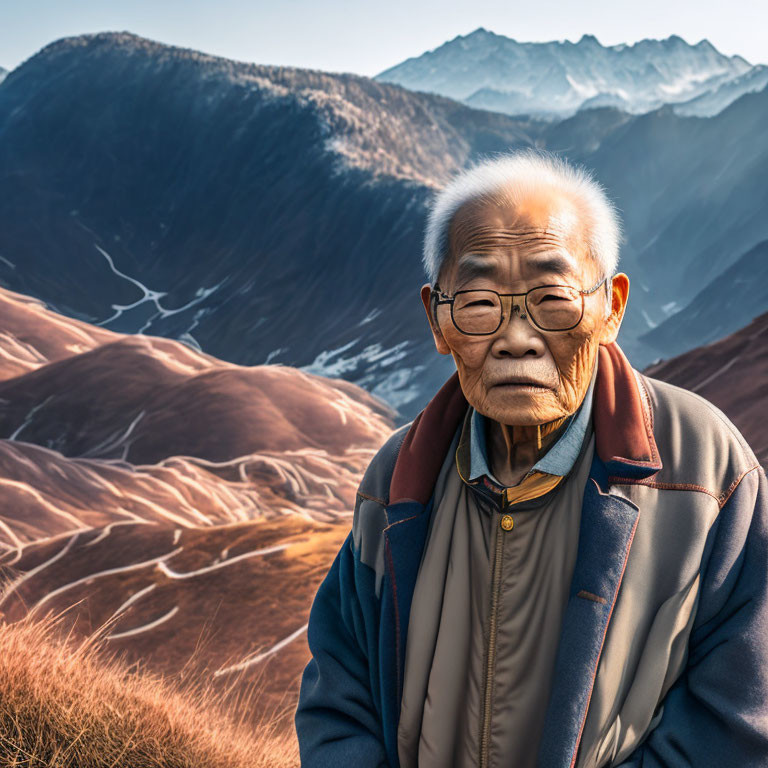 Elderly Person in Glasses Against Sunlit Mountains