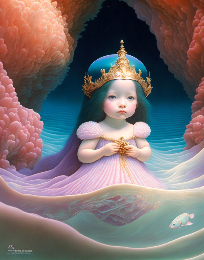 Surreal illustration of young girl with crown and golden object in dreamlike setting