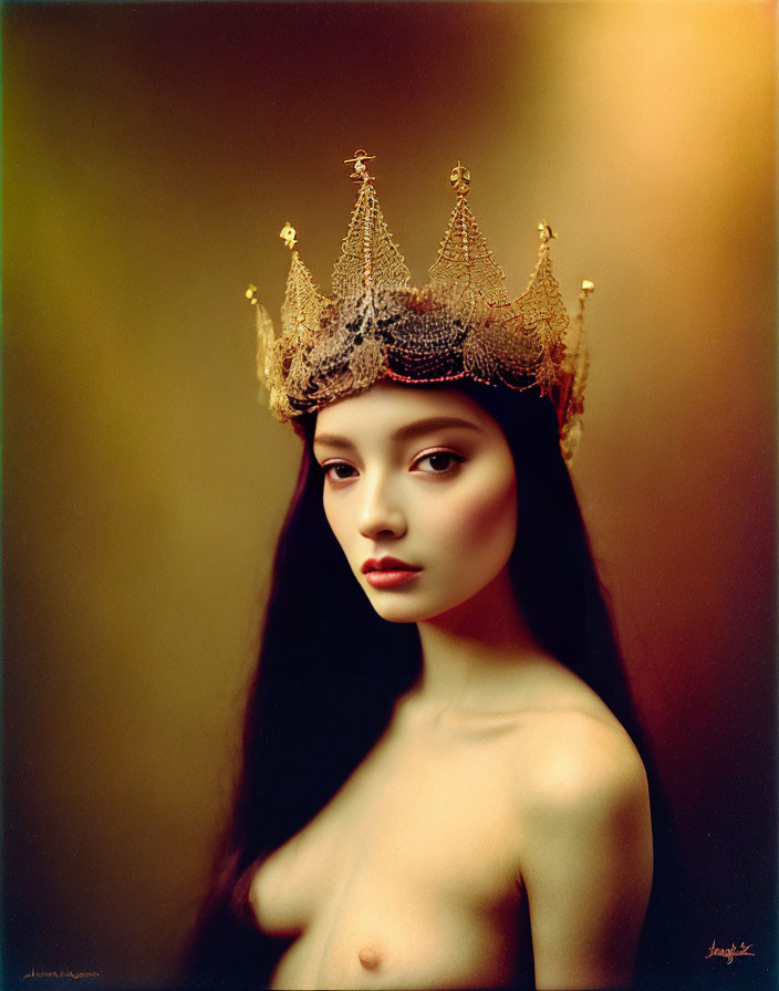 Woman Portrait with Decorative Crown on Golden-Brown Gradient Background