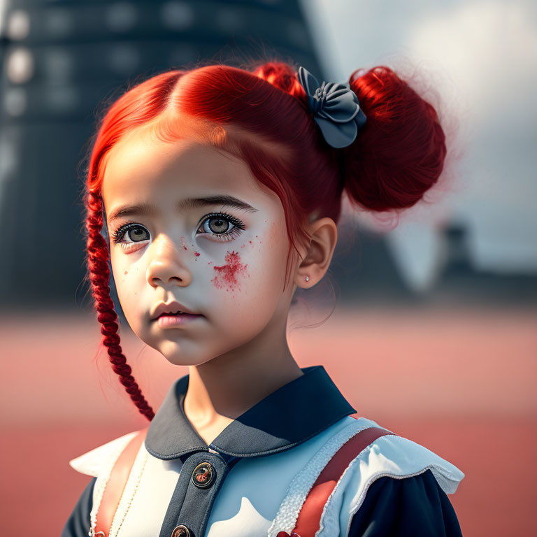 Young girl with red pigtails, blue eyes, and freckles in navy and white outfit