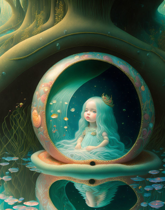 Surreal illustration of doll-like girl with crown in aquatic setting