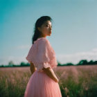 Woman in Pink Dress Standing in Field at Dusk