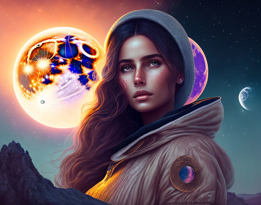 Futuristic digital artwork: Woman in cosmic outfit with moon and vivid colors