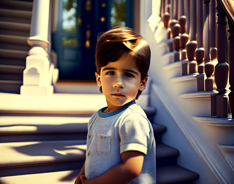 Dark-haired young boy in golden hour glow on sunlit steps with classic house entrance.