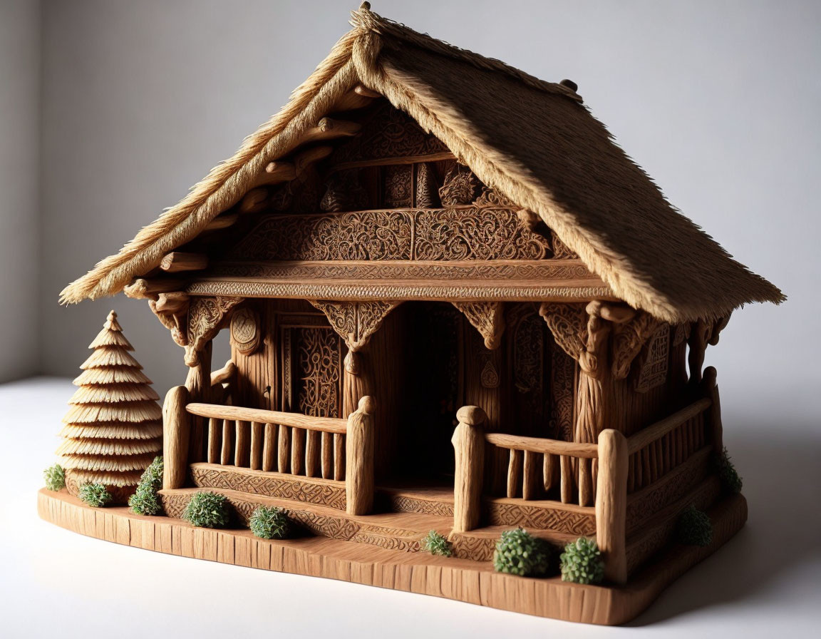 Detailed Wooden Model of Traditional Thatched Roof House with Carvings and Balcony