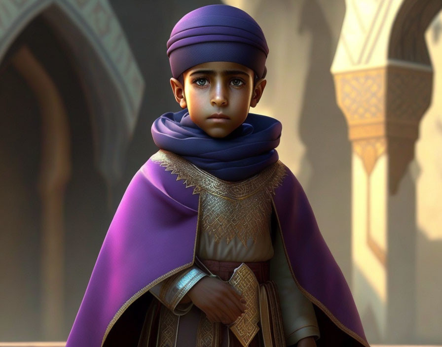 Young boy in regal attire with purple turban and cloak against softly lit architectural background